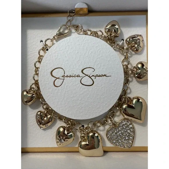 Jessica Simpson Gold Tone Heart Charm Bracelet Sparkle Rhinestone - Picture 3 of 4